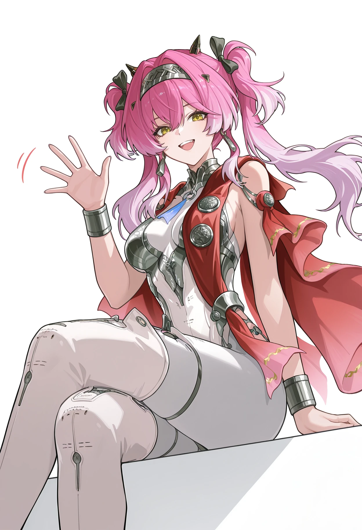 <lora:Lupa v1.0-illustrious-000032:1>,Lupa \(wuthering waves\),solo,breasts,looking at viewer,twintails,open mouth,hairband,boots,thigh boots,smile,high heels,jewelry,leotard,red cape,medium breasts,thighhighs,earrings,cowboy_shot,white_background,sitting,waving,crossed_legs