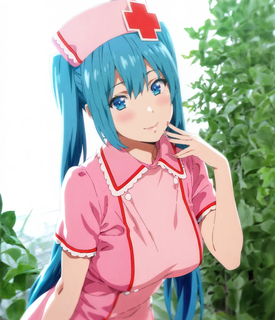 1girl, nurse miku, large breasts, blue eyes, garden background, masterpiece, highly detailed, imaria <lora:Nurse_Miku_Illustrious:1> <lora:imaria.il:1> <lora:ill_may_AI_SLOP:-1>