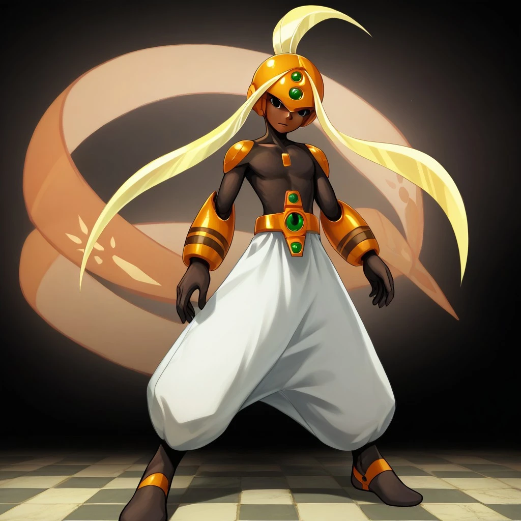 score_9, score_8_up, score_7_up, serenadeexe, 1boy, solo, full body, dark skin, helmet, pants, gloves, long hair, blonde hair, forehead jewel, black eyes, BREAK, cyberspace