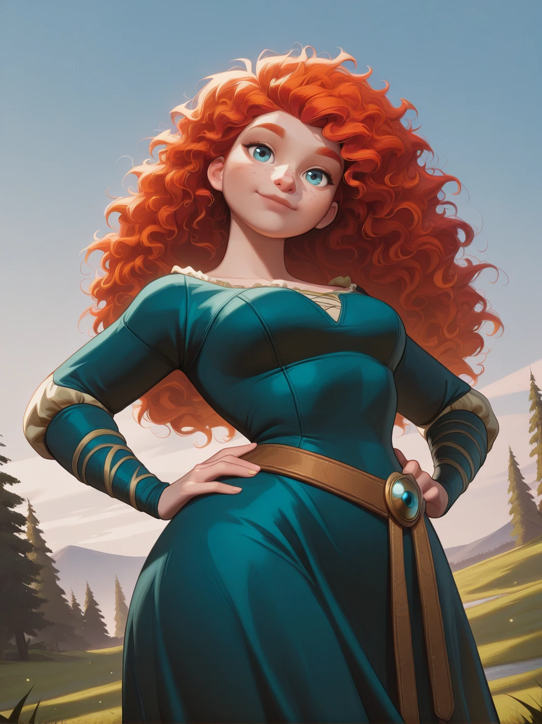highres, hi res, best quality, masterpiece,
1girl, (MeridaXL:1), red hair, blue eyes, curly hair, big hair, freckles, green dress, long sleeves, belt,
light smile, dutch angle, sexy pose, (hands on hips:1.1), from side, from below, looking at viewer, solo, dynamic pose, cowboy shot, head tilt, sexually suggestive, outdoors, blue sky, daylight, portrait,
<lora:MeridaBraveXLV2_Character:0.75>,, <lora:AMarvelRivals_style-06:1> MarvelRivals,,, semi realistic, cartoon, medium breasts, wide hips, thick thighs,