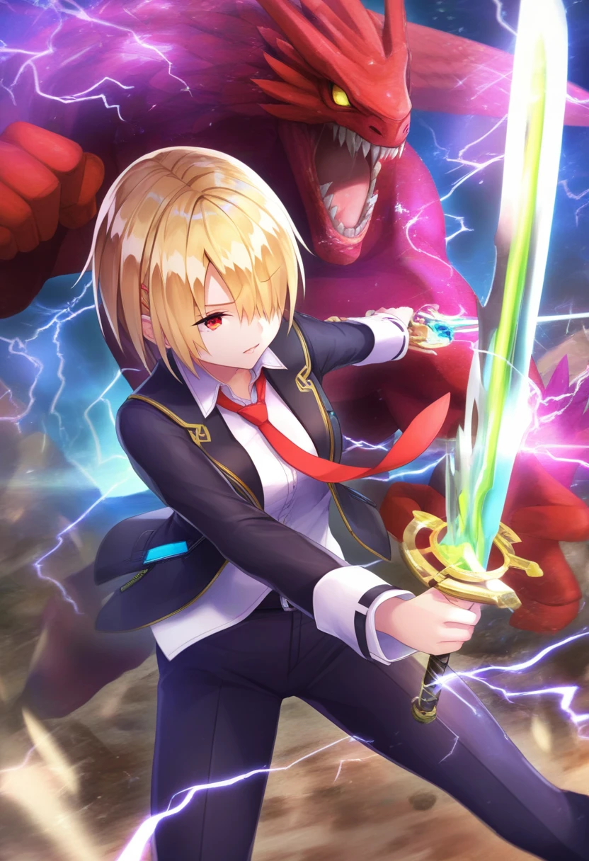 <lora:Ruka_IL_XL_V1:1>1girl, 1monster, fighting to monster, ruka, blonde hair, short hair, hair over one eye, black suit, black jacket, open jacket, black pants, white shirt, red tie, holding sword, lightning from sword