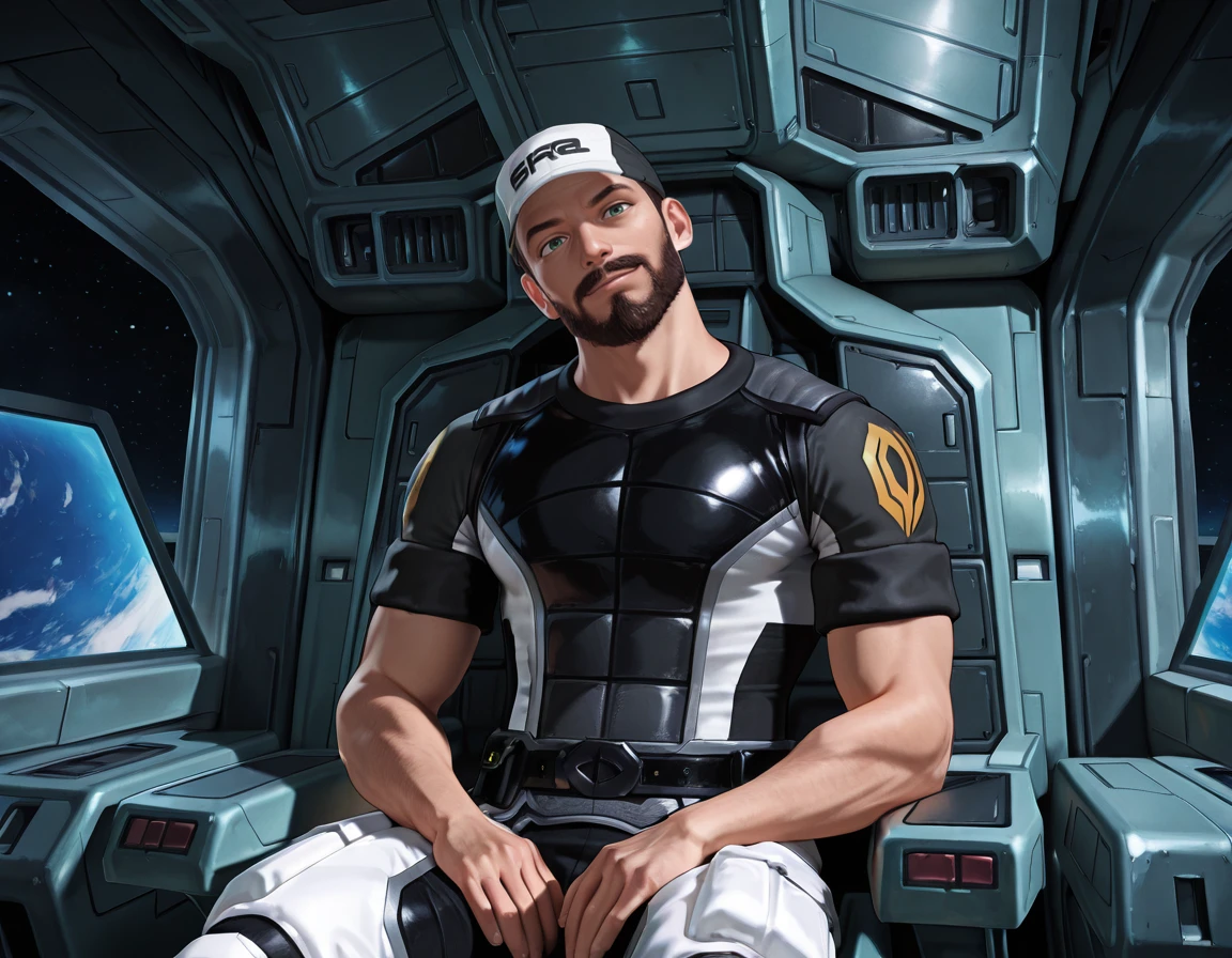 masterpiece, best quality, absurdres, newest, perfect quality, best quality, detailed background, male focus, solo, anime, <lora:Mass Effect 2 - Joker - Illustrious-000008:0.7>, jmoreau, 1boy, brown hair, very short hair, green eyes, beard, mustache, uniform baseball cap, uniform shirt, spacecraft interior, space, looking at viewer, head tilt, smirk, cockpit, uniform belt, sleeves rolled up, uniform pants, cowboy shot, from side, hands in own lap