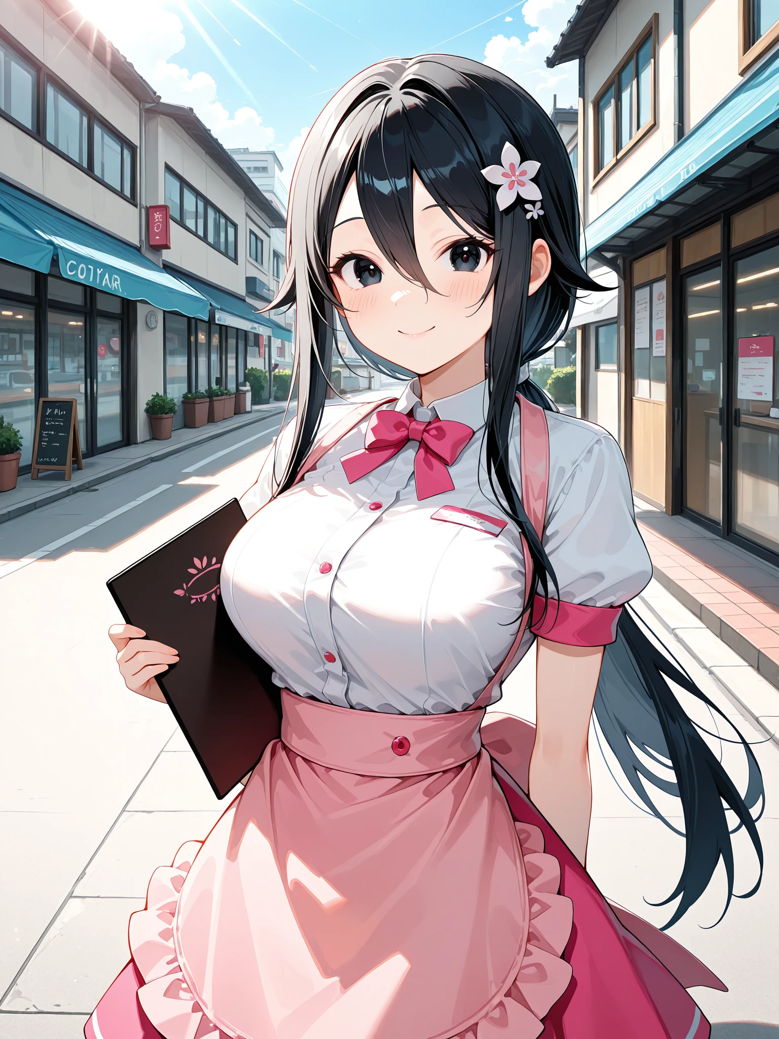 <lora:Ryoba4XL:1> Ryoba_YS, 1girl, large breasts, low ponytail, long hair, outdoors, town, smile, sunlight, day, solo, black eyes, hair flower, holding menu, giving, looking at viewer, , white shirt, pink apron, pink skirt, waitress, puffy short sleeves,
<lora:spo_sdxl_10ep_4k-data_lora_webui:0.5>, masterpiece, best quality, amazing quality, very aesthetic, absurdres, newest, waist apron,