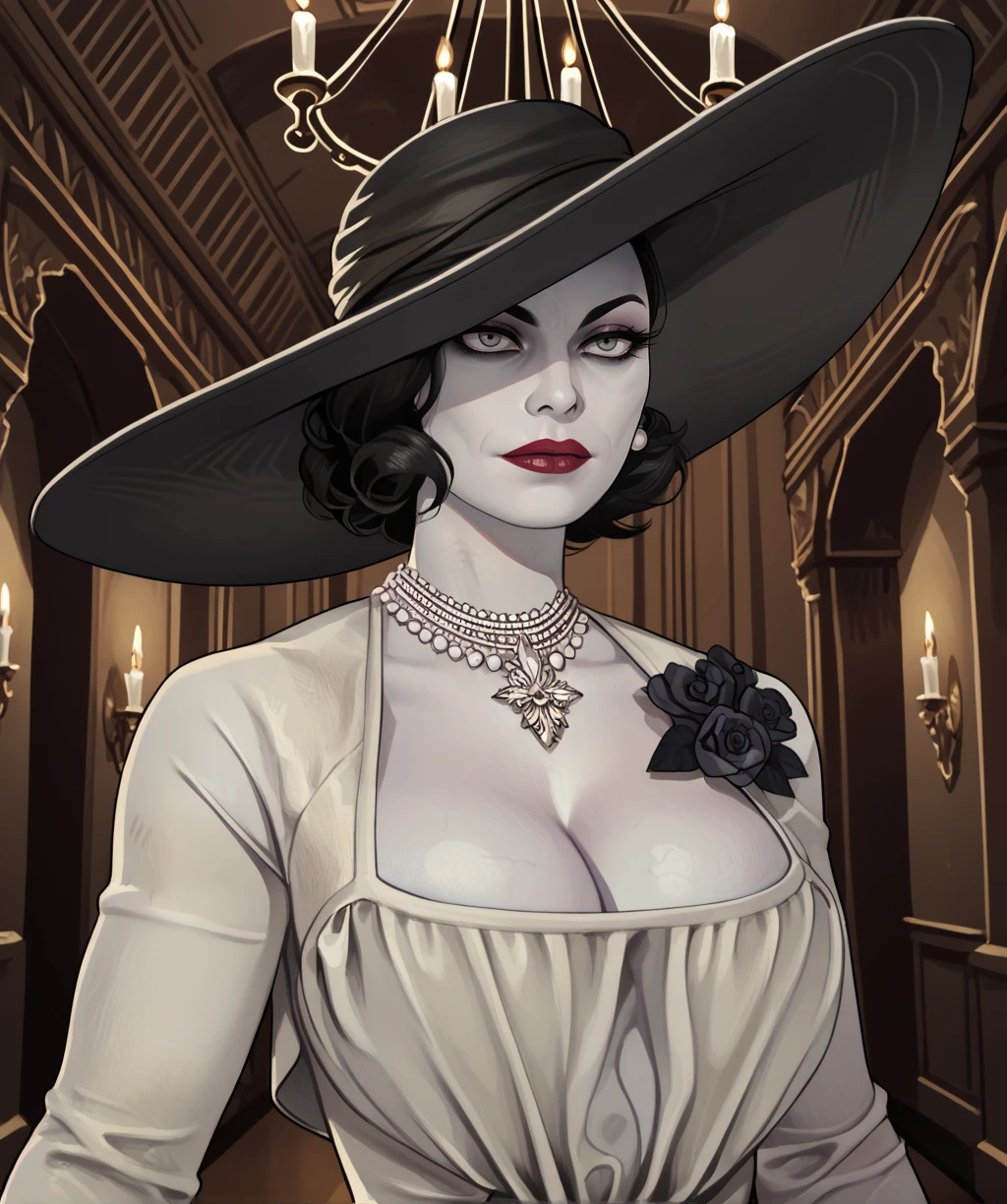 score_9, score_8_up, score_7_up, score_6_up, score_5_up, score_4_up,
alcinaxl, grey eyes, black hair, hat,
white dress, single earring, black brooch, necklace, gloves,
cleavage, upper body,
solo,
dark castle, shadows, evening, indoors,
<lora:AlcinaDimitrescuxl-12v6:0.9>,