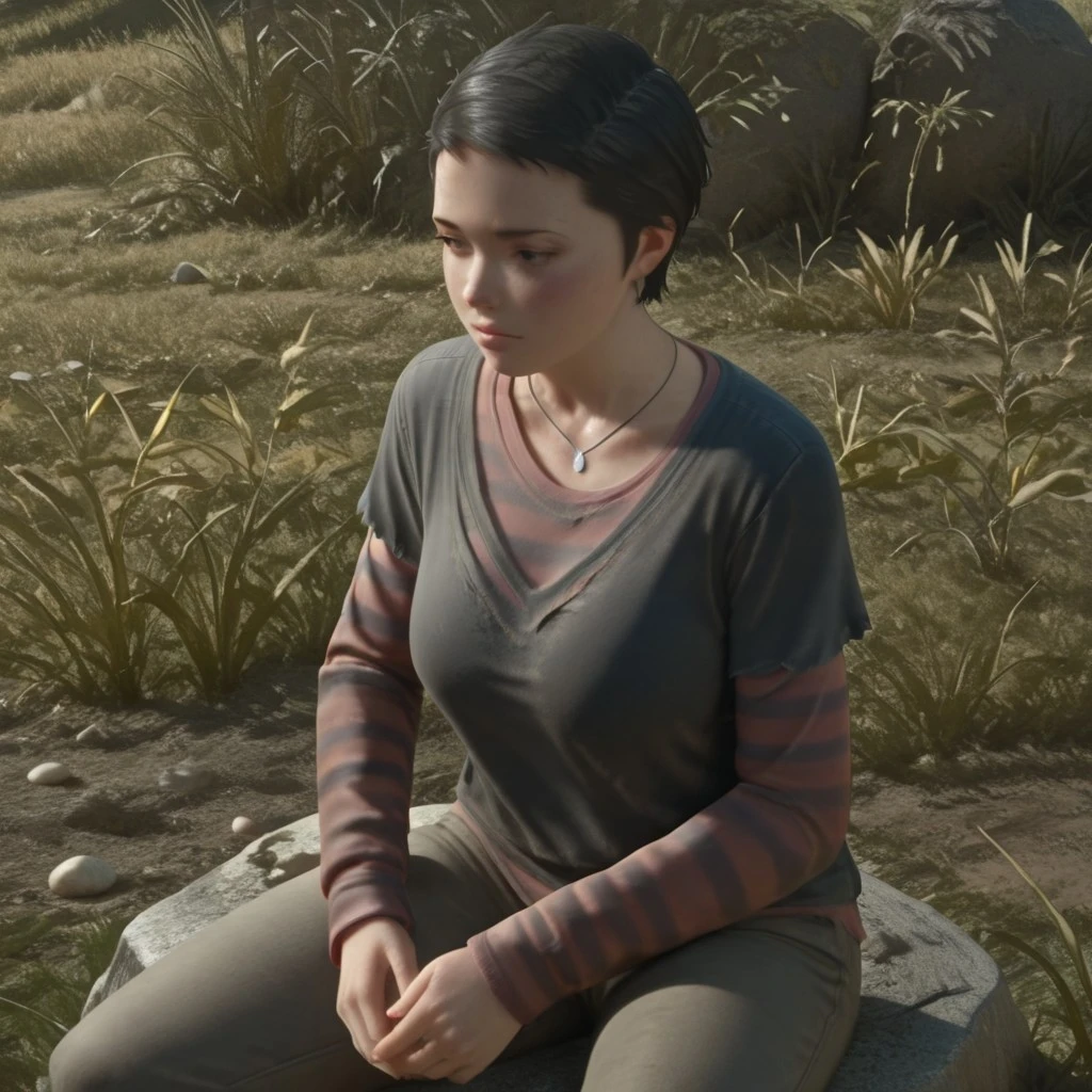 masterpiece, best quality, realistic, break, lisa_dg, 1girl, black hair, very short hair, shirt, layered sleeves, necklace, pants, sitting, stone, grass, natural lighting