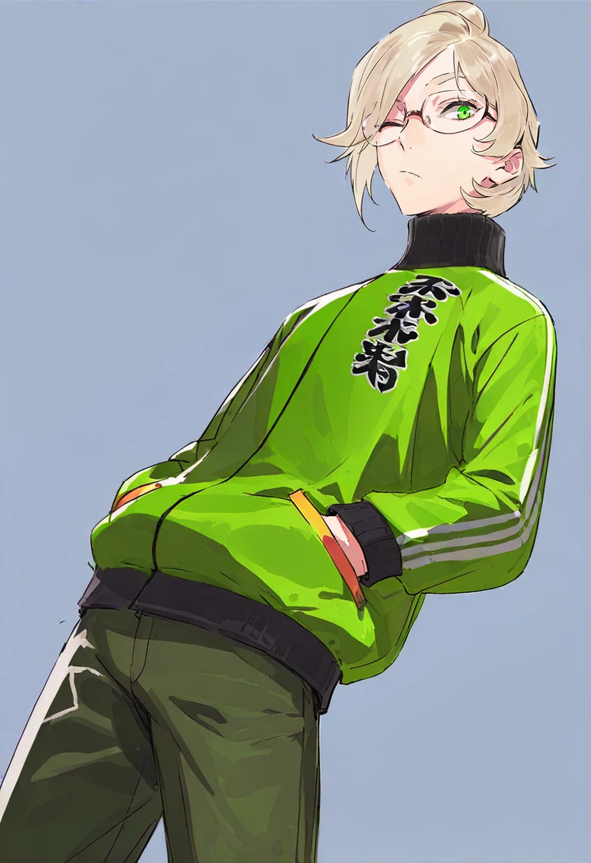 glasses, solo, green eyes, male focus, 1boy, jacket, hands in pockets, white background, pants, simple background, one eye closed, hotarumaru, green pants, leaning back, track jacket, looking at viewer <lora:pakoXL_il1_lokr_V6311P:0.95>