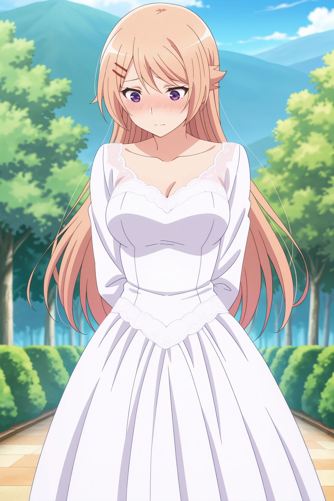 best quality, official art, anime screenshot, anime coloring, wedding dress, full dress, long sleeves, , outdoor, looking at down, head down, embarrassed, blushing, shy, arms behind back, 1girl, solo, medium breasts, long hair, bangs, blonde hair, purple eyes, hairclip, kujou_shion, <lora:RGV_Shion_SNDK:0.9>