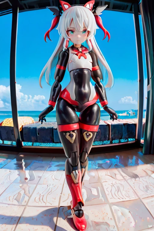 8k,best quality,masterpiece, highest quality, High resolution ,Mizuki Yukikaze, 1 person,Hair Ribbon, Black leotard,( (Taimanin suit)), skinny,flat tits,One Piece Tan, Elbow Bag, Fingerless gloves, Thigh-high boots,pov,Are standing,full body,