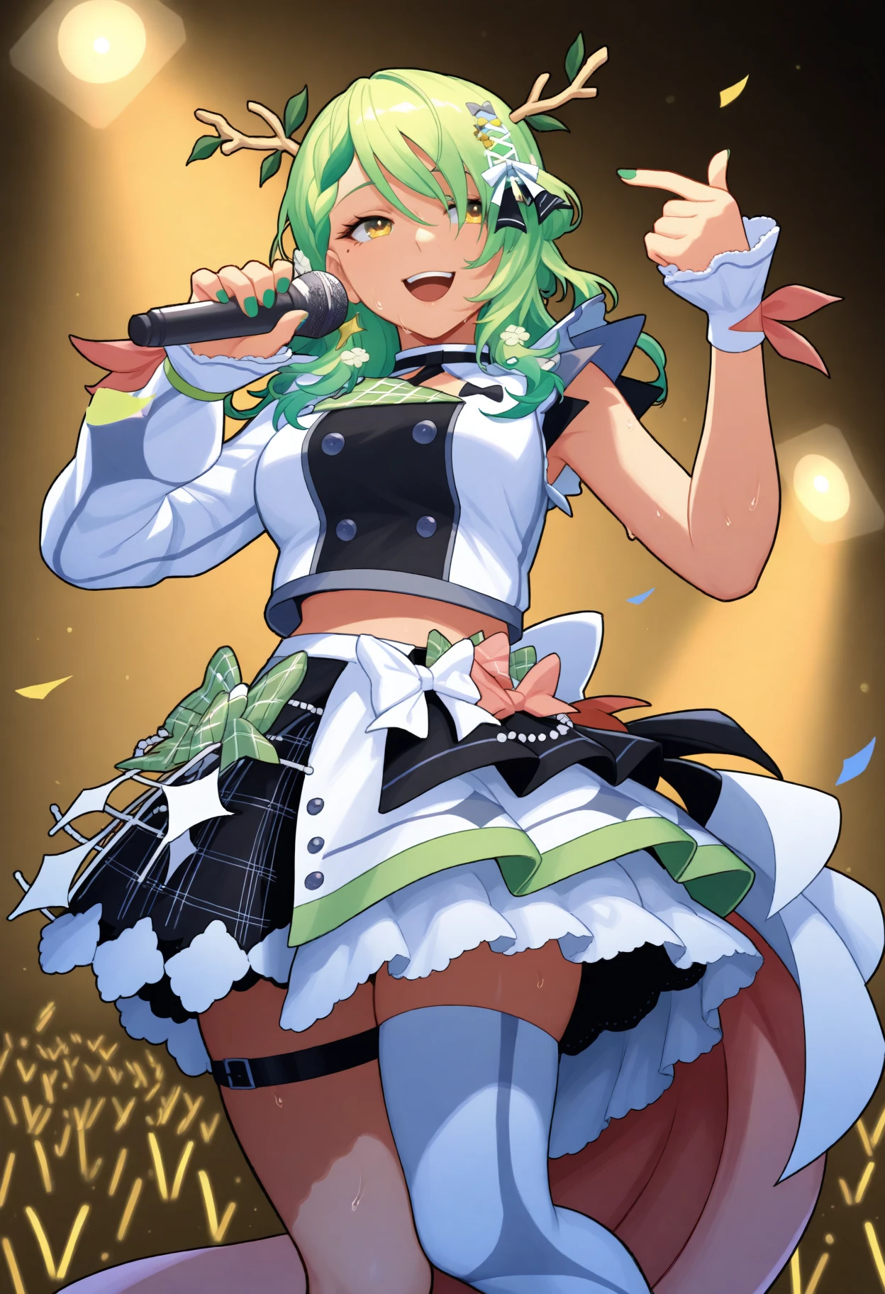 Masterpiece, Best Quality, hight resolution, 1girl in,green color,luminous effect,twinkle twinkle, Solo, Holding the microphone in her hand, slender, thighs thighs thighs thighs, concert, Spotlight, (小さなthighs thighs thighs thighs:1.6)