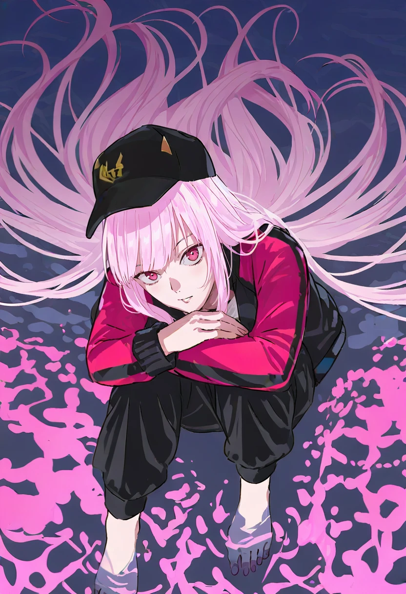 mori calliope, 1girl, long hair, virtual youtuber, hat, pink hair, barefoot, solo, official alternate costume, black headwear, pants, jacket, sitting, looking at viewer, pink eyes, very long hair, water, black pants, track jacket, track pants, floating hair <lora:pakoXL_il1_lokr_V6311P:0.95>