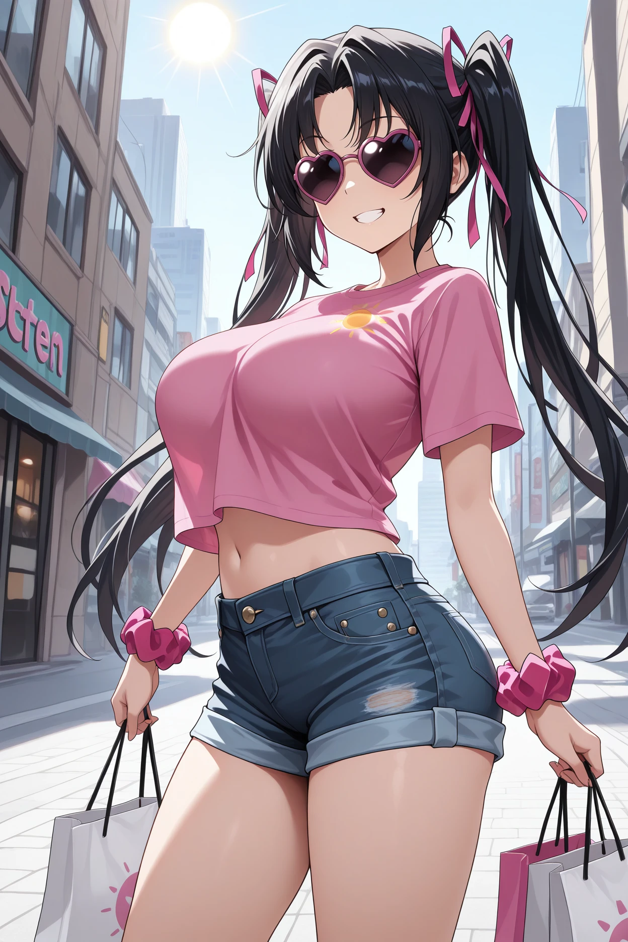 masterpiece, best quality, 1girl, solo, <lora:serafall-illu-nvwls-v1-000006:1> slevtn, black hair, long hair, twintails, hair ribbon, covered eyes, large breasts, heart sunglasses, grin, pink t-shirt, wrist scrunchie, denim shorts, midriff, sun, city street, holding shopping bag
