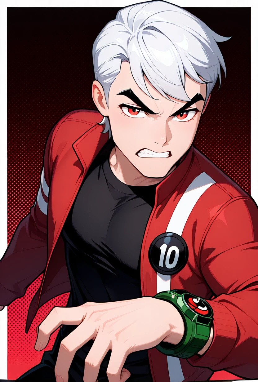 <lora:benuaf-08:1> benuaf, short hair, 1boy, white hair, red jacket, open jacket, black shirt, long sleeves, thick eyebrows, black pants, red eyes, green watch, dark red background, showing off red watch, angry, clenched teeth, red watch, showing watch, looking at viewer, arm forward, wide chin,, masterpiece, best quality, amazing quality, very aesthetic, absurdres, newest,, upper body, halftone effect, white borders, abstract background:1.2,