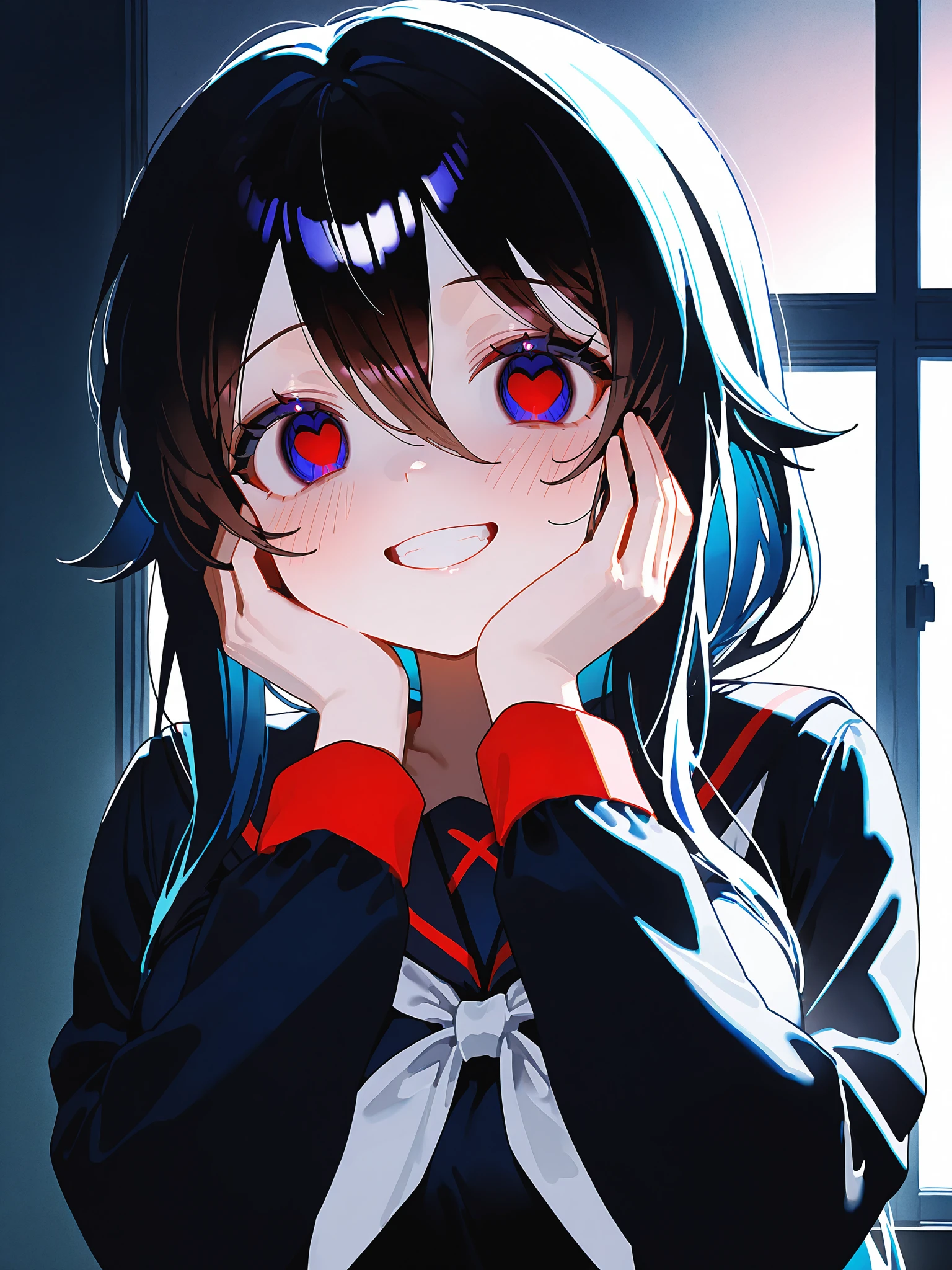 ningen mame <lora:Ryoba4XL:1>Ryoba_YS, 1girl, long hair, low ponytail, serafuku, white neckerchief, school uniform, <lora:spo_sdxl_10ep_4k-data_lora_webui:0.5>, heart-shaped eyes, solo, smile, yandere, masterpiece, best quality, amazing quality, very aesthetic, absurdres, newest, soft lighting, blush, hands on own face, large breasts, dark, grin