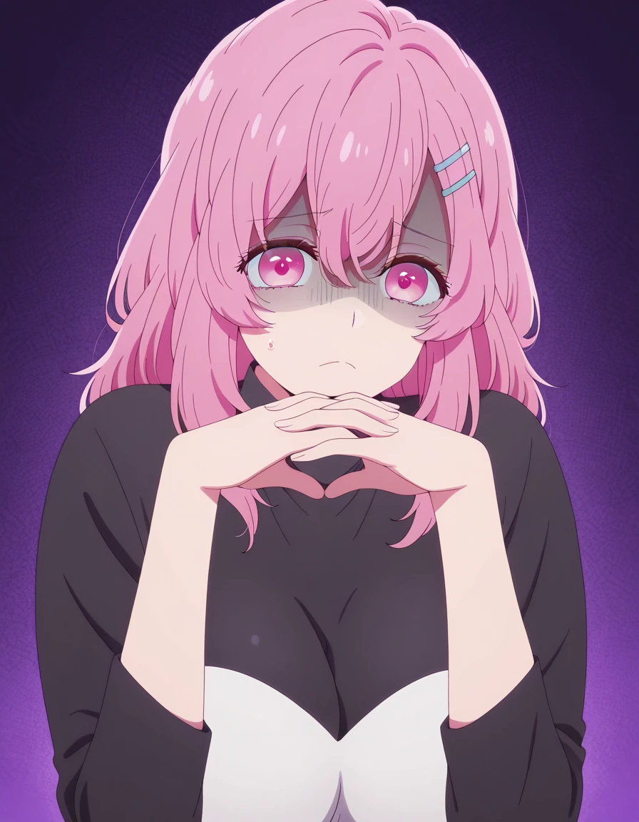 masterpiece, best quality, amazing quality,, <lora:minami-kotobuki-s1s2-illustriousxl-lora-nochekaiser:1>, minami kotobuki, kotobuki minami, long hair, bangs, hair ornament, hair between eyes, pink hair, hairclip, medium hair, pink eyes, mature female, breasts, anime screencap, <lora:gendou-pose-illustriousxl-lora-nochekaiser:1>, gendou pose, own hands clasped, own hands together, parody, shaded face, looking at viewer, frown, elbow rest,, , ,