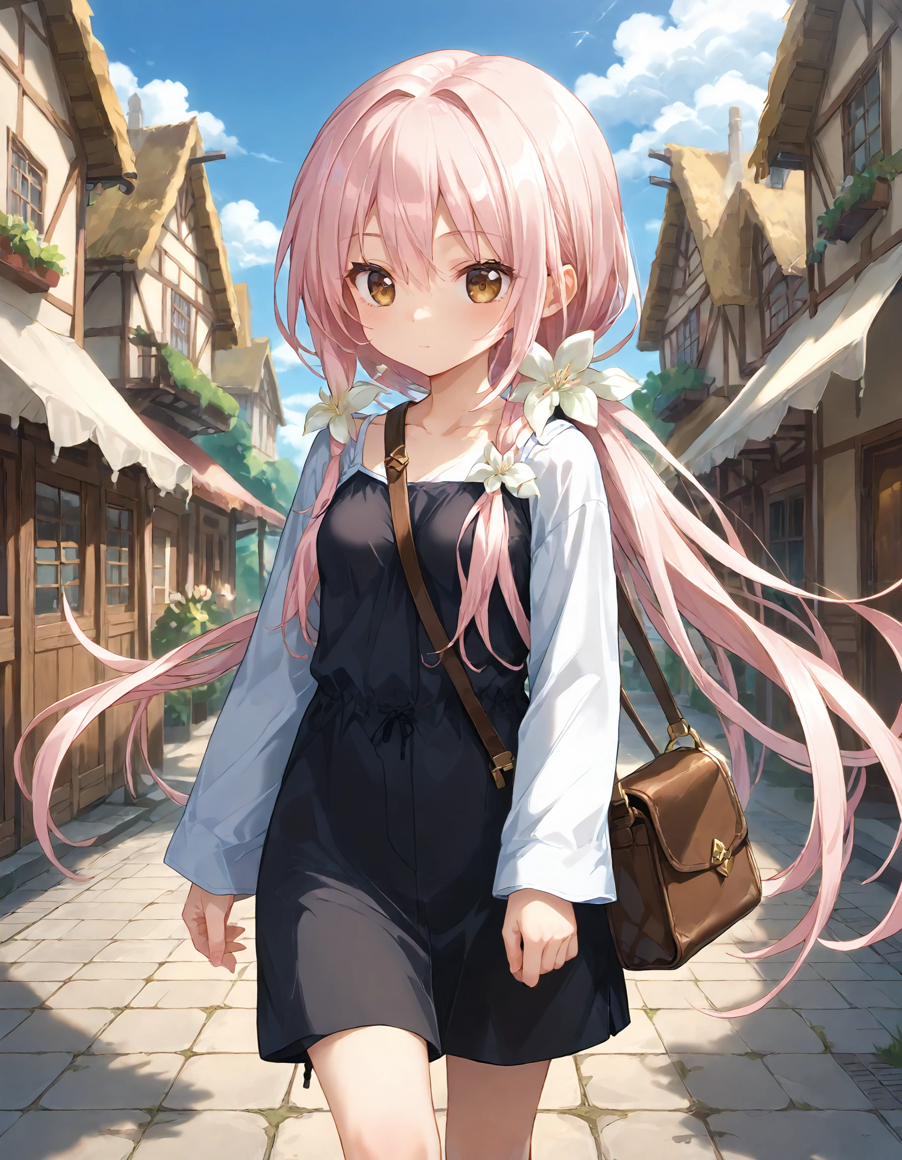 score_9, score_8_up, score_7_up, source_anime, <lora:add-detail-xl:1>, good , masterpiece, amazing quality, ultra detailed, good hand
BREAK 1girl, casual, walking, in town, <lora:pai-sura:0.6> pai-sura,  emphasis, slant bag, bag strap passing between ,
BREAK <lora:kuro Chrono Clock (Purple Software):0.8> kur0, very long hair, pastel pink hair, hair accessary, flower accessary, lily \(flower\), brown eyes, small , asymmetry hairstyle, low ponytail, ponytail over shoulder, sidelock, sidelock white ribbon tied