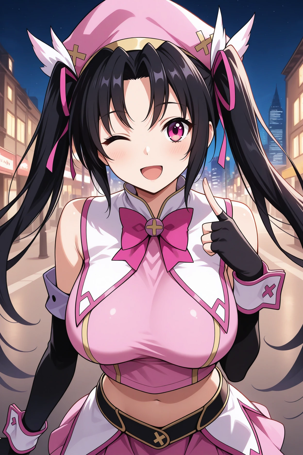 masterpiece, best quality, 1girl, solo, <lora:serafall-illu-nvwls-v1-000006:1> slevtn, black hair, long hair, twintails, hair ribbon, pink eyes, large breasts, pink beret, white collar, pink bowtie, pink shirt, sleeveless shirt, detached sleeves, elbow gloves, black gloves, fingerless gloves, wrist cuffs, midriff, pink skirt, pleated skirt, miniskirt, upper body, looking at viewer, smile, happy, wink, open mouth, night sky, city street
