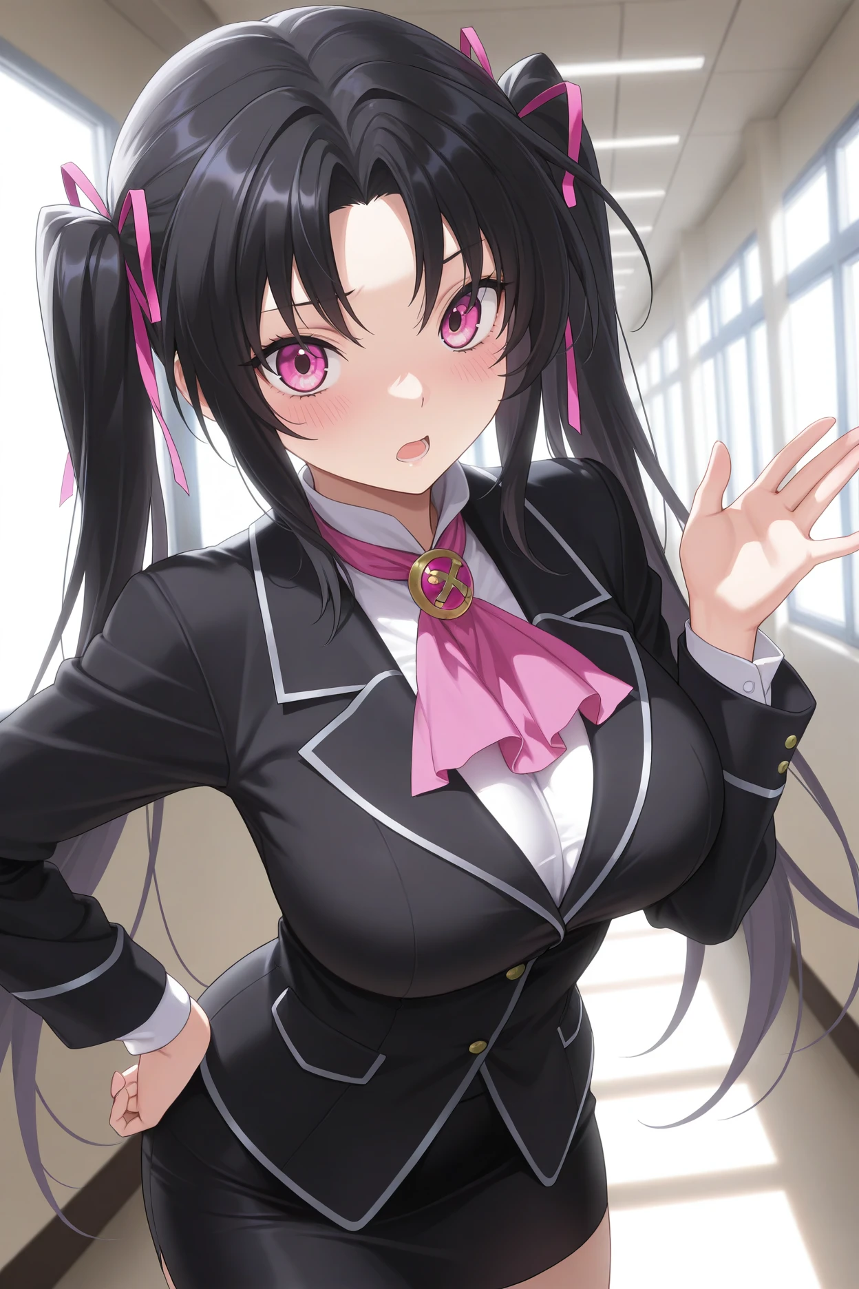 masterpiece, best quality, 1girl, solo, <lora:serafall-illu-nvwls-v1-000006:1> slevtn, black hair, long hair, twintails, hair ribbon, pink eyes, large breasts, black blazer, pink ascot, black skirt, pencil skirt, hand on hip, open mouth, blush, hand up, indoors, hallway, windows