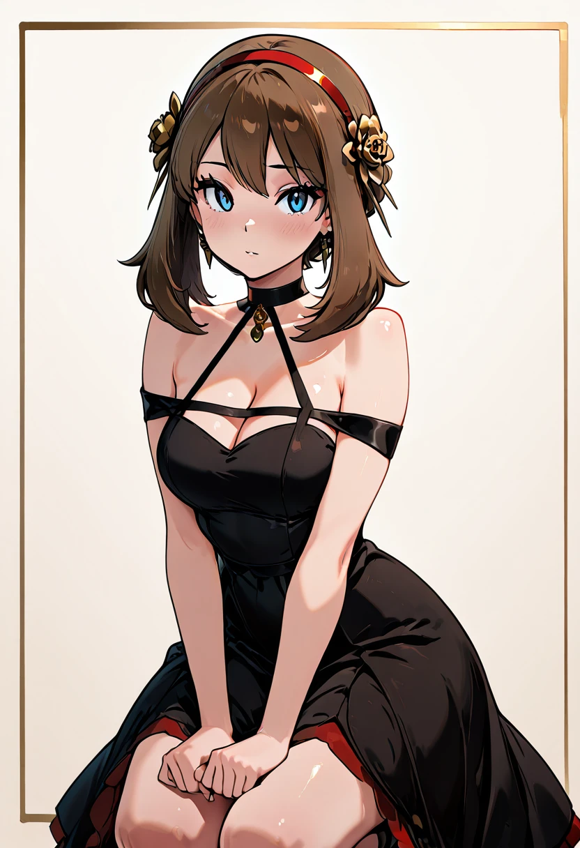 masterpiece, best quality, solo, curvy, beautiful eyes,  zzMayYorCitron, blue eyes, brown hair, medium hair, red hairband, hair flower, hair ornament, rose, gold hairband, black dress, bare shoulders, choker, ,<lora:MayYorPokemonCitron_IXL:1.0>,squatting, dynamic pose, cowboy shot, playful expression, looking at viewer, shiny skin,