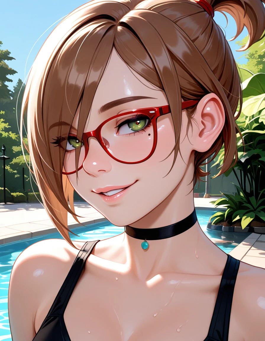 masterpiece, best quality, very aesthetic, absurdres,
outdoors,
upper body, posing,
seductive smile, parted lips, long eyelashes,
<lora:Darcy_Redd_v01_NAIXL:1>
D4rcy_r3dd,1girl,solo,short hair,brown hair,ponytail,hair over one eye,red-framed eyewear,green eyes,mole under eye,choker,