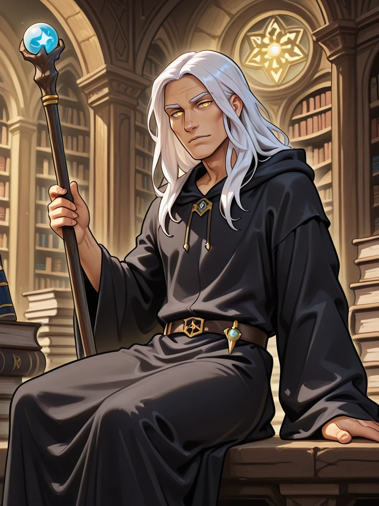 solo,
looking at the viewer,
sitting in a library
<lora:Raistlin_Majere__Dragonlance:0.7>
raistlin,,
brobe, black robe
long hair, white hair, yellow eyes, ,
masculine, male,,
wizard,, staff,