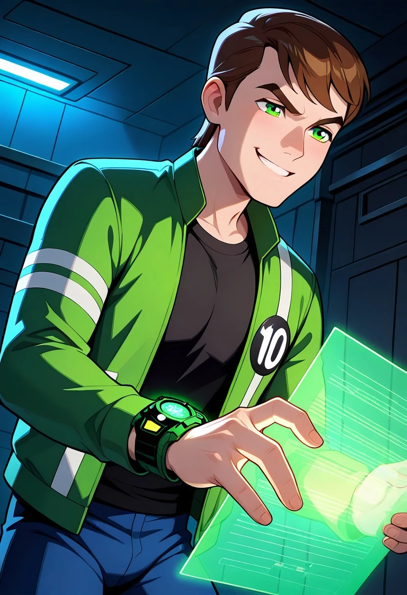 masterpiece, best quality, amazing quality, very aesthetic, absurdres, newest, detailed background,
, benuaf, short hair, 1boy, brown hair, green jacket, open jacket, black shirt, long sleeves, thick eyebrows, blue pants, green eyes, green watch, angry, smile, wide chin,,
destroyed city, holding hologram on watch, green hologram glow, starwars hologram, lit up face, dark scene, extreme darkness,