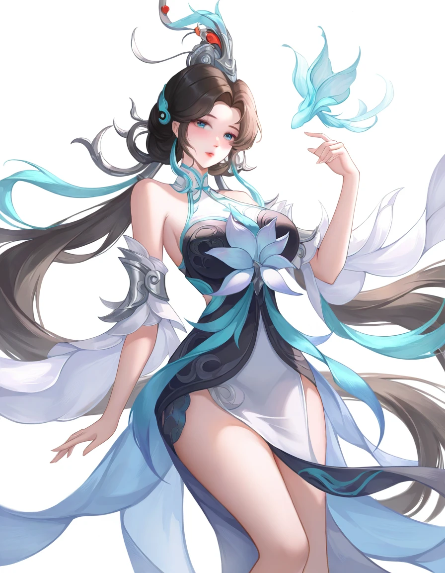 Masterpiece, best, 1 female, blue clothes, blue cheongsam, full body photo, ancient Chinese style, white cloth bun bun, black hair, shoulders, big breasts, slender legs, smile, white pantyhose, pantyhose lace side, white underwear, pale pink lips, embroidered dress