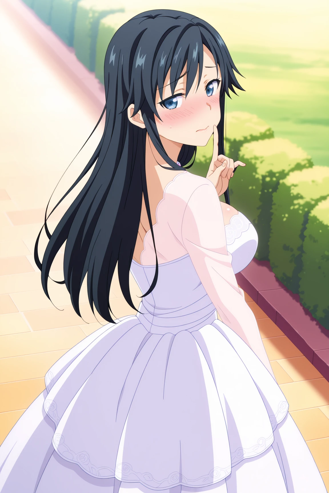 best quality, official art, anime screenshot, anime coloring, wedding dress, full dress, long sleeves, 1girl, solo, breasts, long hair, black hair, blue eyes, sanshokuin_sumireko <lora:RGV_Pansy_ORSK:0.9>, , outdoor, from behind, looking back, looking at viewer, embarrassed, blushing, shy, finger to lips, shushing