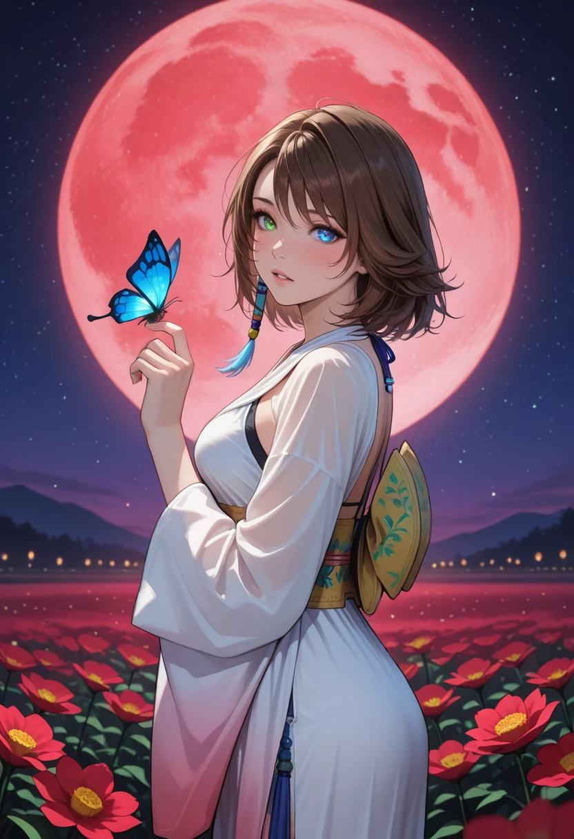 masterpiece, very aesthetic, best quality, absurdres, newest, solo,
<lora:ILFFYuna:1>
FFYuna, 1girl, brown hair, short hair, blue eyes, green eyes, heterochromia, looking at viewer, red flower, butterfly on hand, red moon, night sky, star (sky), outdoors, from side, wide sleeves, white dress, long sleeves, starry sky, full moon, hand up, standing, blush, glowing butterfly, parted lips