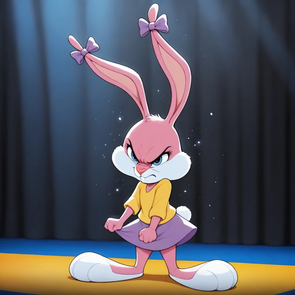 <lora:BabsBunnyOr9_YM:0.7>, solo, Babs, cub, bunny, girl, blue eyes, pink nose, pink body, pink head, pink ears, pink legs, white cheeks, white feet, white tail, erect ears, yellow T-shirt, purple skirt, purple bows on the ears, mouth closed, squints, gets angry, stands on stage
BREAK, masterpiece, best quality, high quality, particles effect, [:by Desubox:0.15], [:by Anchee, by Snowskau:0.55], detailed background, detailed foreground, depth of field, backlighting