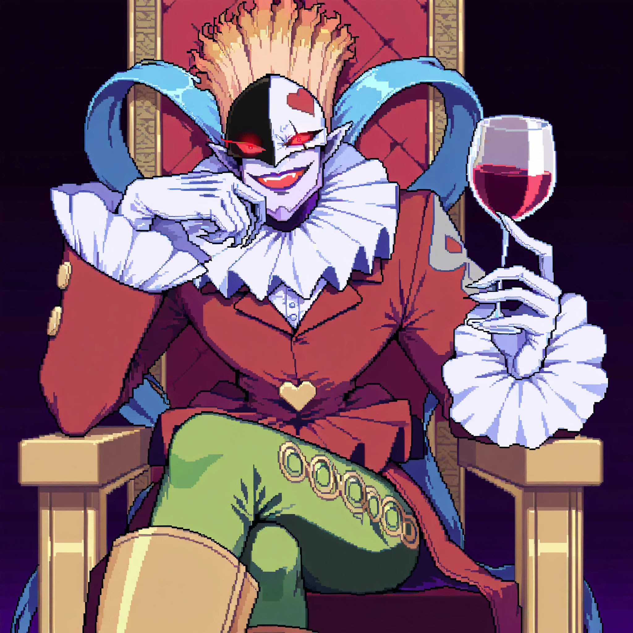 HDA_MasterpieceXL_v1.2, <lora:Piedmon_-_Digimon_Franchise:1> PiedmonIL, hands behind head, evil smile, glowing eyes, red eyes, holding a glass of wine, hand on own chin, amused, throne, cross legs, HDA_PixelArtXL_v1.2