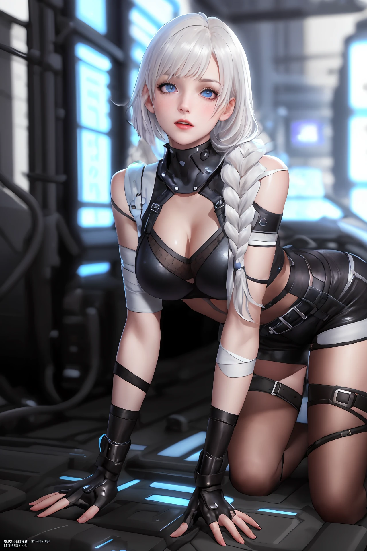 ((Best Quality, 8K, Masterpiece: 1.3)), Detailed Eyes, Double Eyelids, (1girl), (Left Face Scar), (28 years old, sexy maturity), (Vest line, thin waist, buttocks), (Blue jacket), ((Big blue eyes, long eyelashes)), ((Pout)), ((Firm nose)), (Realistic skin details), Detailed Face, Best Light, Best Shadow, Edge Lighting, Ray Tracing, Unreal Engine 5, (Cammy white from street fighter 6, game CG character modeling)), beautiful shiny hair, (((dark gray tights))), muscular, collar, abs, (mid-chest hard), (leg muscle line), (sitting in front of the bar counter with your back to the camera, side face, noisy bar)) NVIDIA RTX, Super-Resolution, Unreal 5, Subsurface scattering, PBR Texturing,Post-processing,Anisotropic Filtering,Depth-of-field,Maximum clarity and sharpness,Multi-layered textures,Albedo and Specular maps,Surface shading,Accurate simulation of light-material interaction, Perfect proportions, Octane Render, Two-tone lighting, Wide aperture, Low ISO, White balance, Rule of thirds, 8K RAW, Elevation view