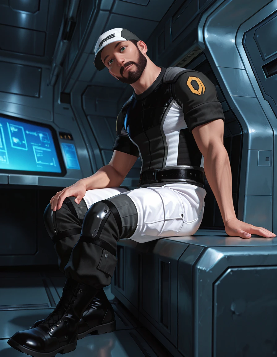 masterpiece, best quality, absurdres, newest, perfect quality, best quality, detailed background, male focus, realistic, <lora:Mass Effect 2 - Joker - Illustrious-000008:0.7>, jmoreau, 1boy, brown hair, very short hair, green eyes, beard, mustache, uniform baseball cap, uniform shirt, sleeves rolled up, belt, uniform pants, uniform boots, spacecraft interior, looking at viewer, head tilt, sitting, from side, table, contrapposto