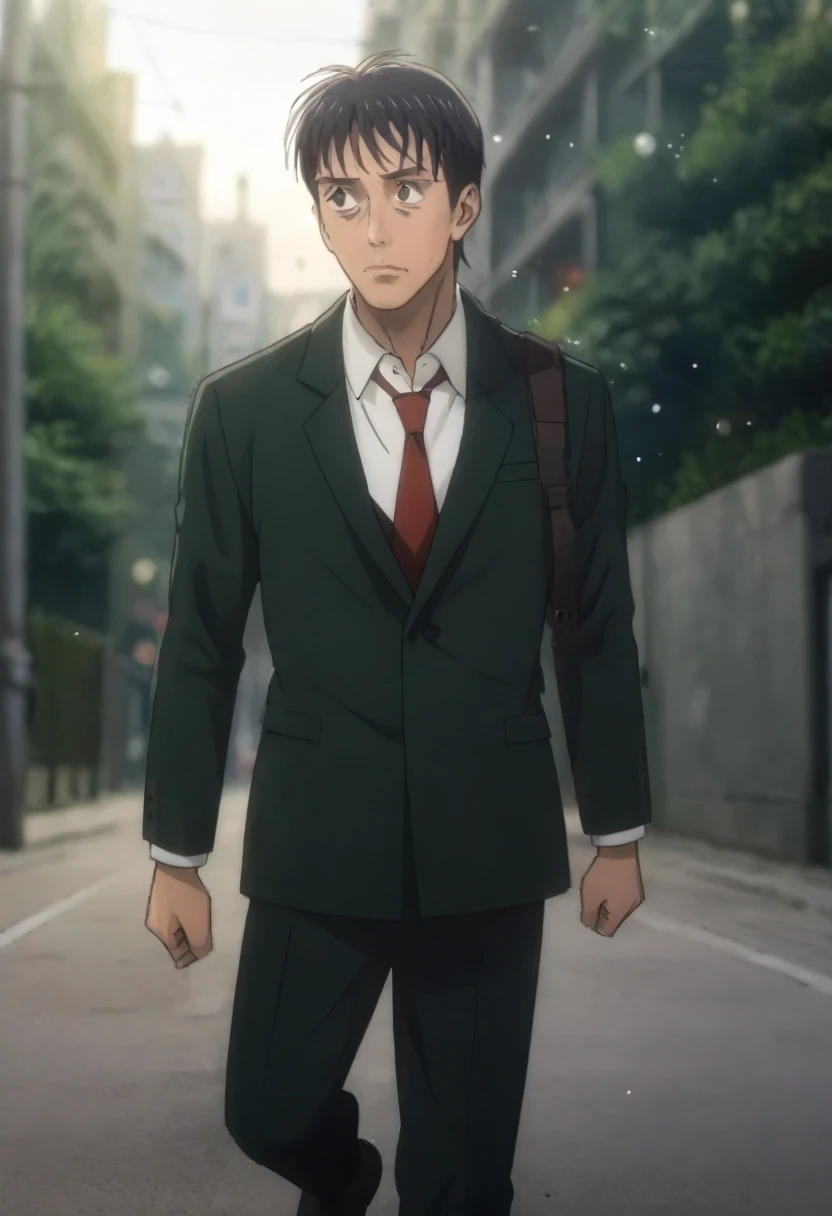 (score_9, score_8_up, score_7_up,masterpiece,best quality,ultra-detailed,source_anime,Japan anime style,perfect anatomy,Flustered,),1boy,male focus,solo,handsome detailed face,Tosu_Tetsuo,slim,black hair,short hair,black eyes,collared shirt,necktie,jacket,on the street,Bokeh,((Bokeh,Nikonz7/Z7l,looking away,flying kick)),<lora:Tosu_Tetsuo:1>,<lora:add-detail-xl:1>,<lora:age_slider_v4:2>,<lora:Pony Muscle slider:-1.5>,