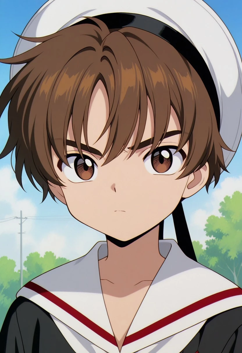 masterpiece,best quality,amazing quality, source_anime,
RiShaoran, 1boy, male focus, solo, brown eyes, brown hair, school uniform, hat, sailor hat, white headwear, shirt, black shirt, sailor collar, looking at viewer, portrait,
outdoor,