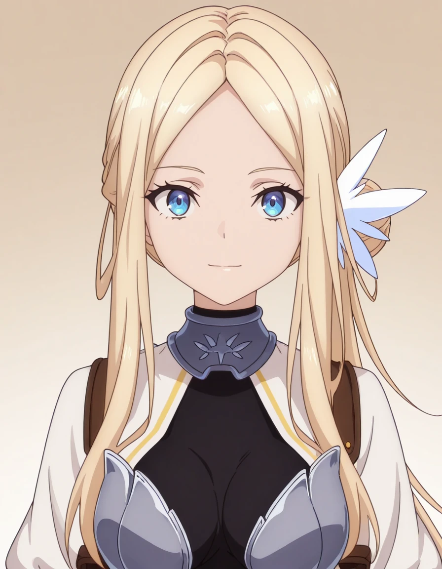 masterpiece, best quality, amazing quality, gradient background,
1girl, looking at viewer, solo, upper body, straight-on, light smile, portrait,
<lora:krishna-yami_healer_s1-ixl-anime-soralz:1>, krishna (yami healer), long hair, blonde hair, parted bangs, sidelocks, single hair bun, side ponytail, hair ornament, blue eyes,
black bodysuit, white sleeves, puffy sleeves, brown straps, breastplate, armor,