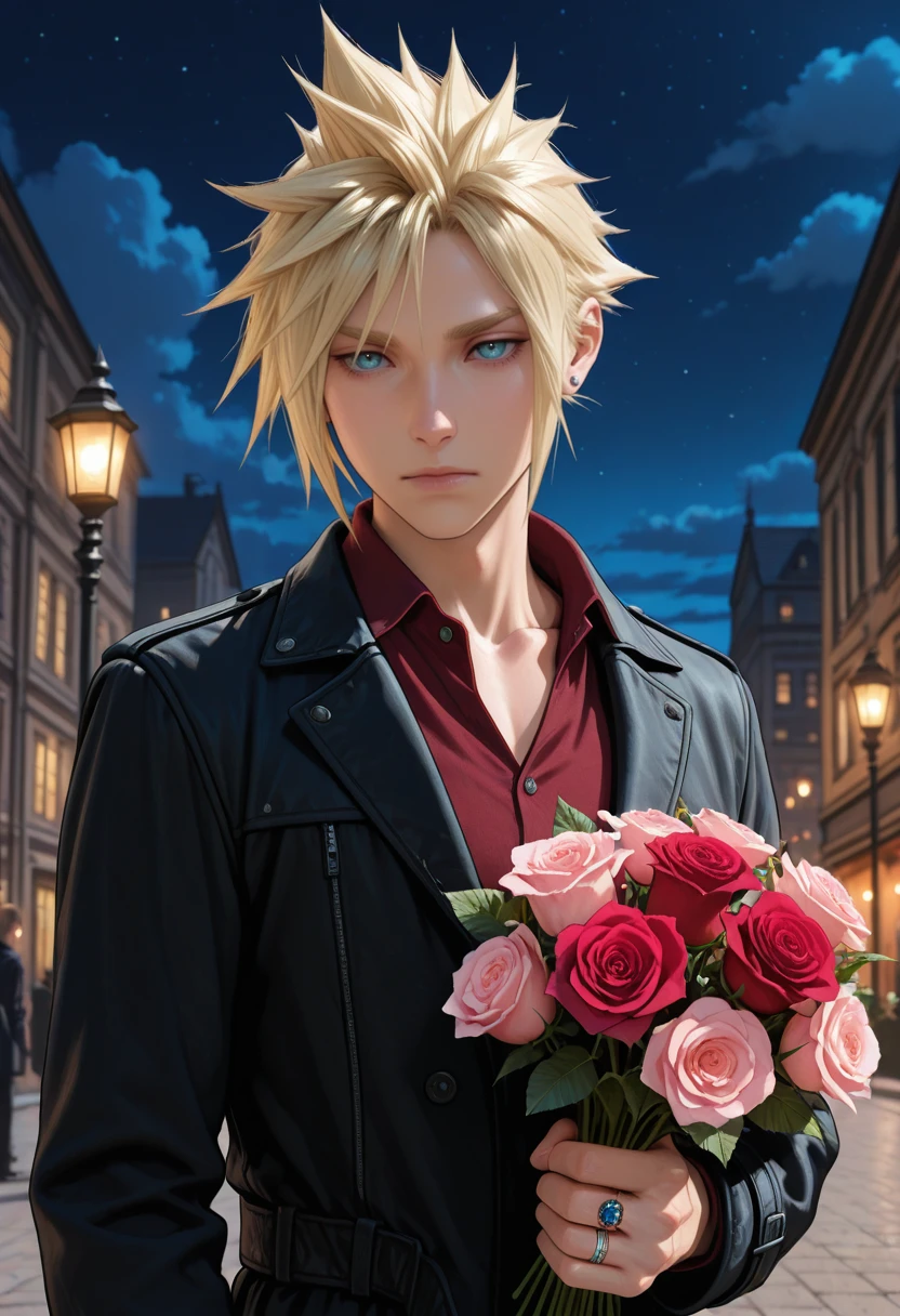 masterpiece, very aesthetic, best quality, absurdres, newest, solo,
<lora:ILFFCloud:1>
FFCloud, 1boy, blonde hair, spiked hair, blue eyes, red flower, male focus, jewelry, red rose, outdoors, holding bouquet, ear piercing, stud earrings, lamppost, black jacket, ring, upper body, closed mouth, black coat, night sky, long sleeves, red shirt, collared shirt, holding flower, pink flower, pink rose, cloud, bishounen, collarbone