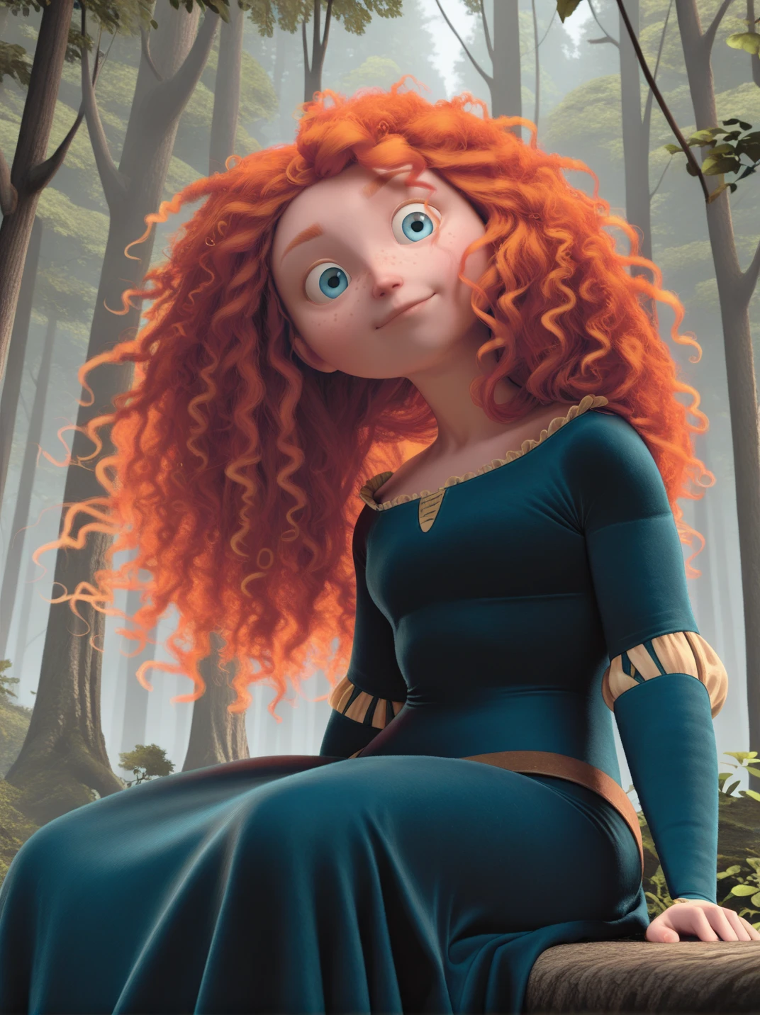 highres, hi res, best quality, masterpiece, official style, screencap,
1girl, (MeridaXL:1), red hair, blue eyes, curly hair, big hair, freckles, green dress, long sleeves,
light smile, dutch angle, sexy pose, (sitting, hands at side:1.1), from side, from below, looking at viewer, solo, dynamic pose, cowboy shot, head tilt, sexually suggestive, outdoors, forest, vegetation, magic forest, daylight, portrait,
<lora:MeridaBraveXLV2_Character:1>