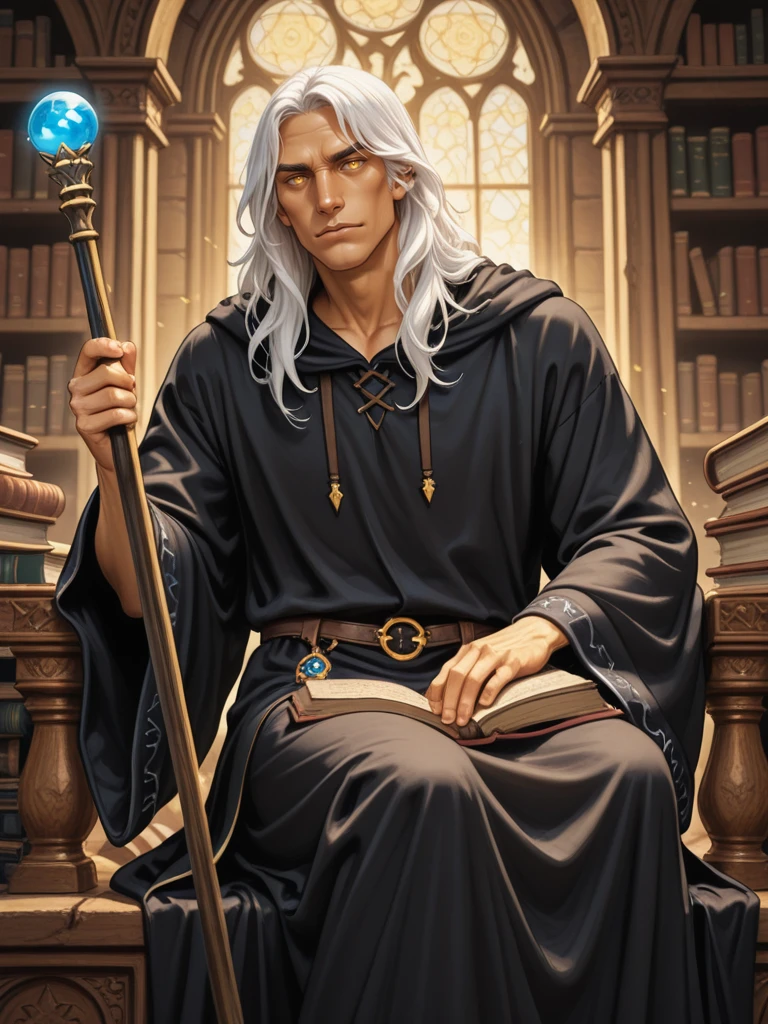 solo,
looking at the viewer,
sitting in a library
<lora:Raistlin_Majere__Dragonlance:0.7>
raistlin,,
brobe, black robe
long hair, white hair, yellow eyes, ,
masculine, male,,
wizard,, staff,