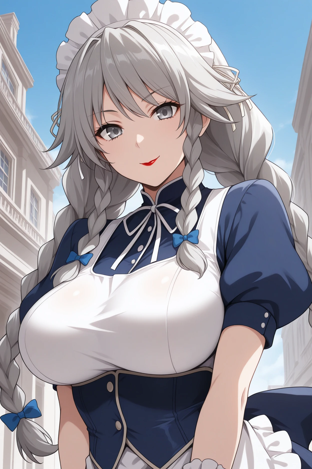 masterpiece, best quality, 1girl, solo, <lora:grayfialucifuge-illu-nvwls-v1-000006:1> gflcfg, grey hair, twin braids, long hair, grey eyes, lipstick, big breasts, white headdress, hair bow, dark blue dress, neck ribbon, white shirt, , dark blue corset, puffy short sleeves, white apron, wrist cuffs, upper body, looking at viewer, smile, blue sky, victorian architecture