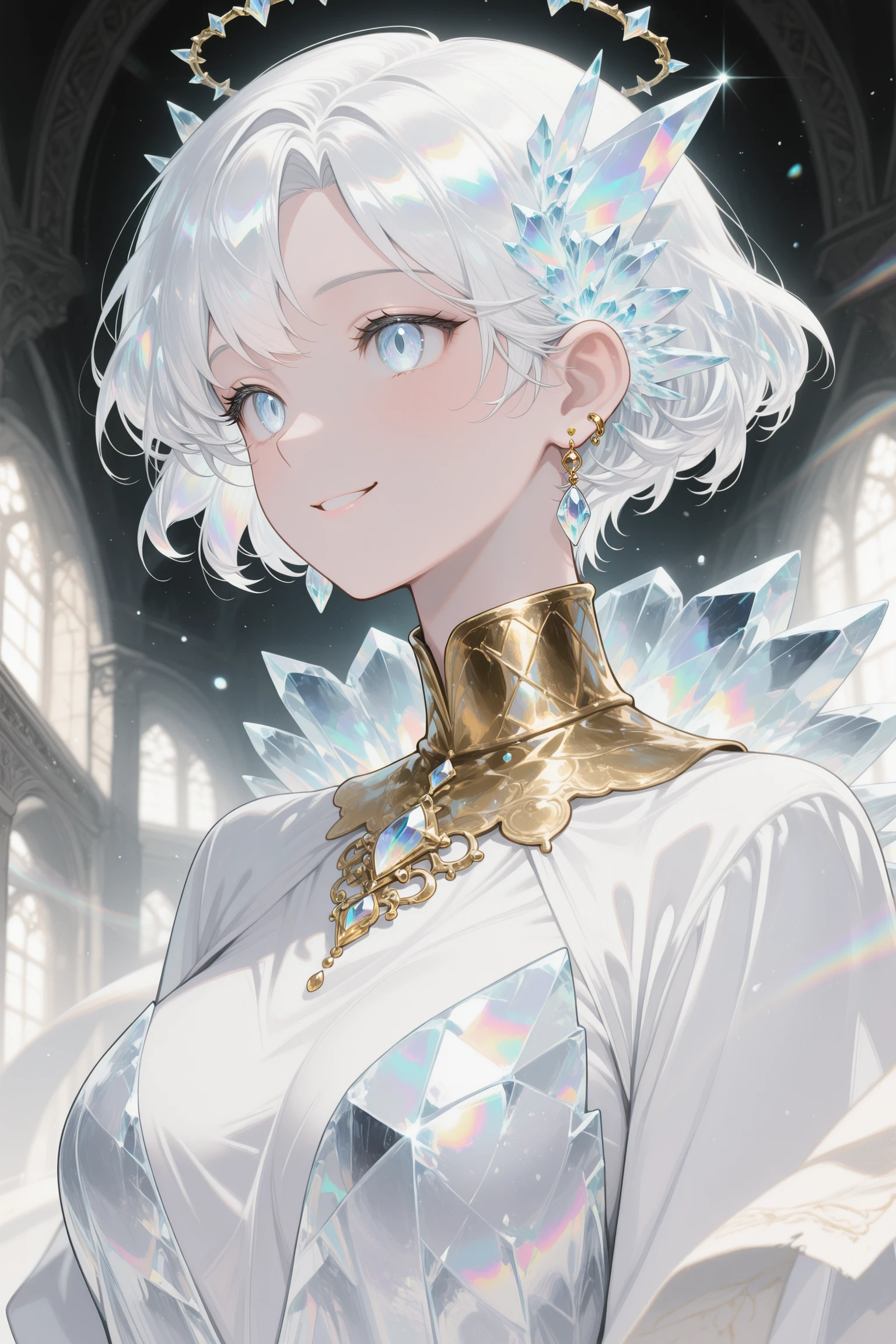 masterpiece, best quality, iridescent_crystaline, 1boy, breasts, closed mouth, earrings, gem, iridescent_crystaline, jewelry, parted lips, short hair, smile, solo, upper body, white hair <lora:Iridescent_crystaline:1>
