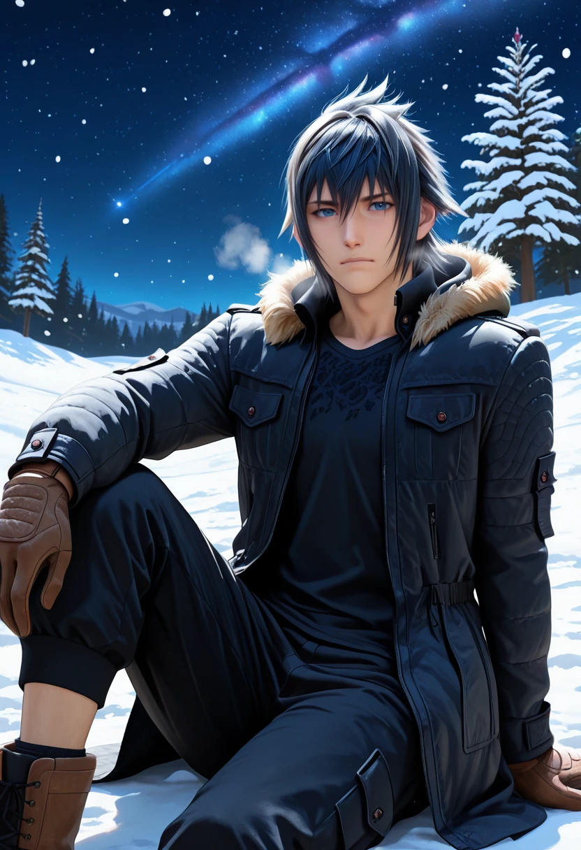 masterpiece, very aesthetic, best quality, absurdres, newest, solo,
<lora:ILFFNoctis:1>
FFNoctis, 1boy, black hair, short hair, blue eyes, looking at viewer, male focus, brown gloves, night sky, star (sky), sitting, fur trim,winter clothes, outdoors, starry sky, snow, tree, fur-trimmed jacket, black pants,knee up, cold, breath, snowing, winter coat, closed mouth, long sleeves, hood