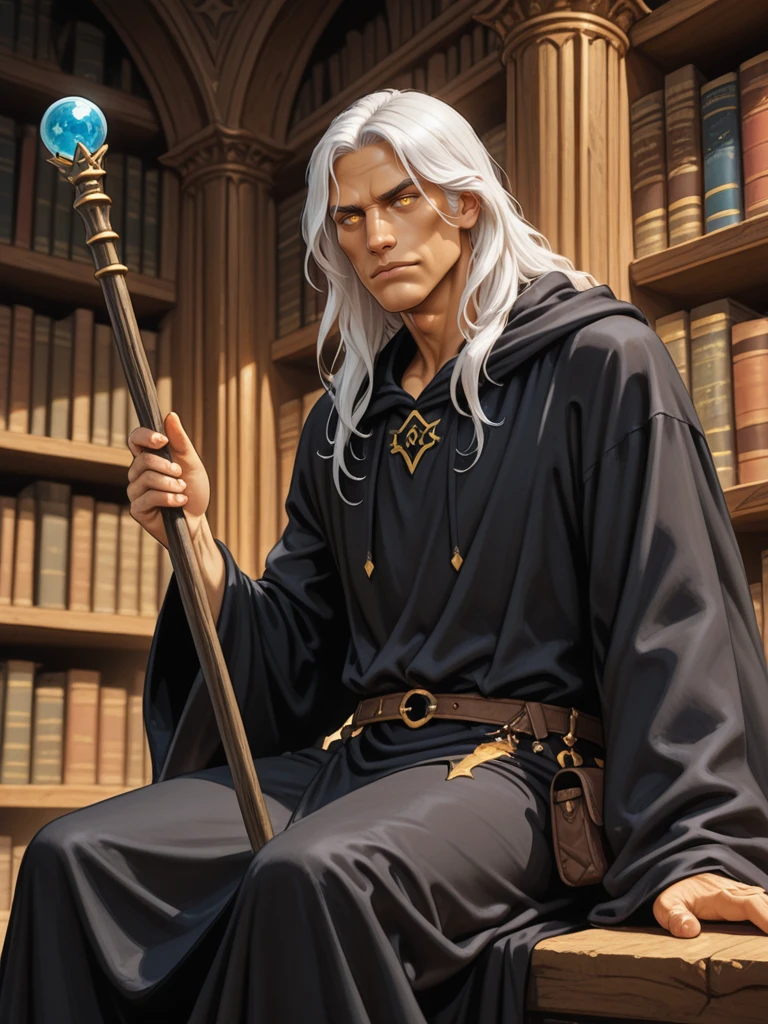 solo,
looking at the viewer,
sitting in a library
<lora:Raistlin_Majere__Dragonlance:0.7>
raistlin,,
brobe, black robe
long hair, white hair, yellow eyes, ,
masculine, male,,
wizard,, staff,
