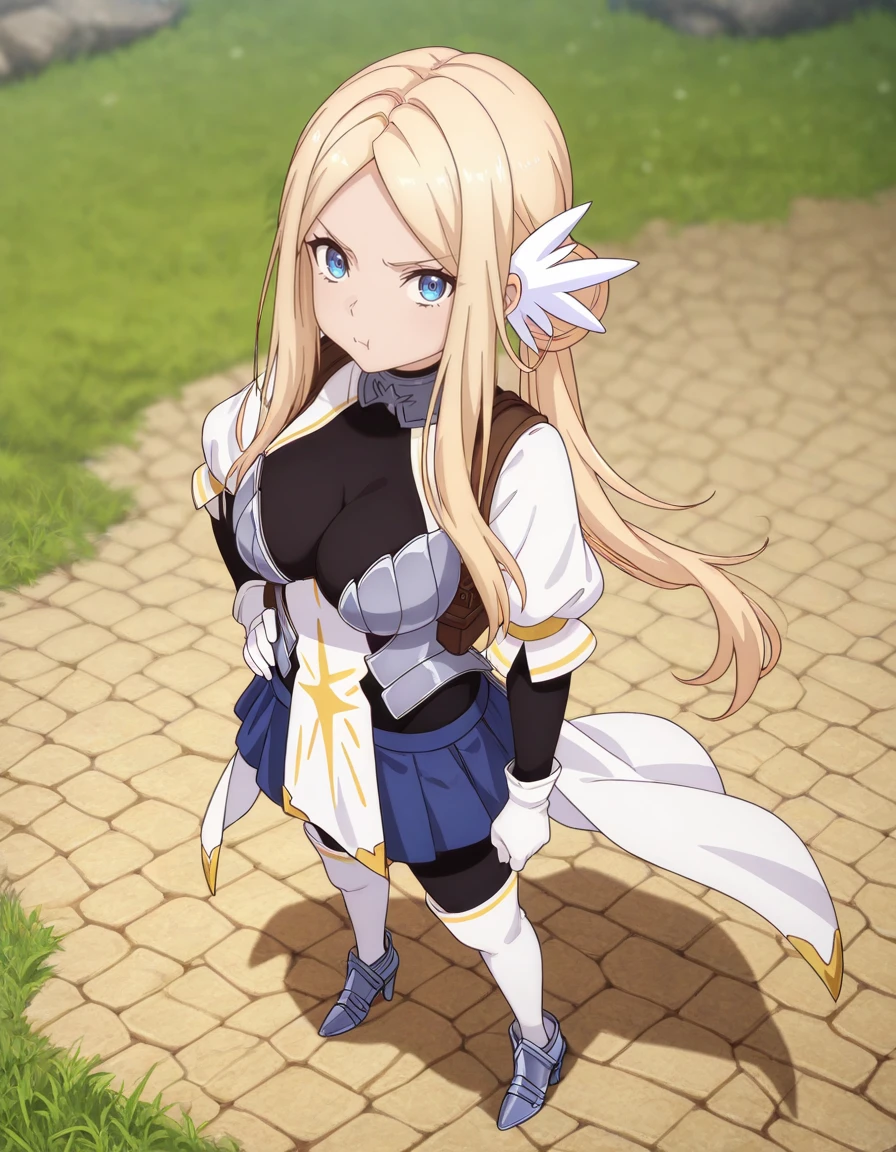 masterpiece, best quality, amazing quality, blurry background,
1girl, looking at viewer, hand on own waist, from above, grass, pout,
<lora:krishna-yami_healer_s1-ixl-anime-soralz:1>, krishna (yami healer), long hair, blonde hair, parted bangs, sidelocks, single hair bun, side ponytail, hair ornament, blue eyes,
black bodysuit, white sleeves, puffy sleeves, brown straps, white gloves, breastplate, armor, white cape, blue pleated skirt, black pantyhose, white legwear, armored boots, high heel boots