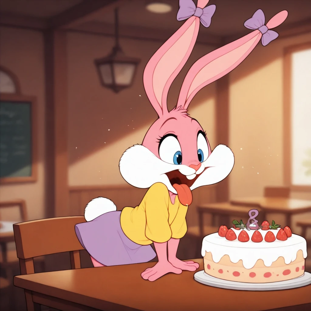 <lora:BabsBunnyOr9_YM:0.7>, solo, Babs, cub, bunny, girl, blue eyes, pink nose, pink body, pink head, pink ears, pink legs, white cheeks, white feet, white tail, erect ears, yellow T-shirt, purple skirt, purple bows on the ears, mouth open, sticks out his tongue, squints, at the table, takes a cake
BREAK, masterpiece, best quality, high quality, particles effect, [:by Desubox:0.15], [:by Anchee, by Snowskau:0.55], detailed background, detailed foreground, depth of field, backlighting