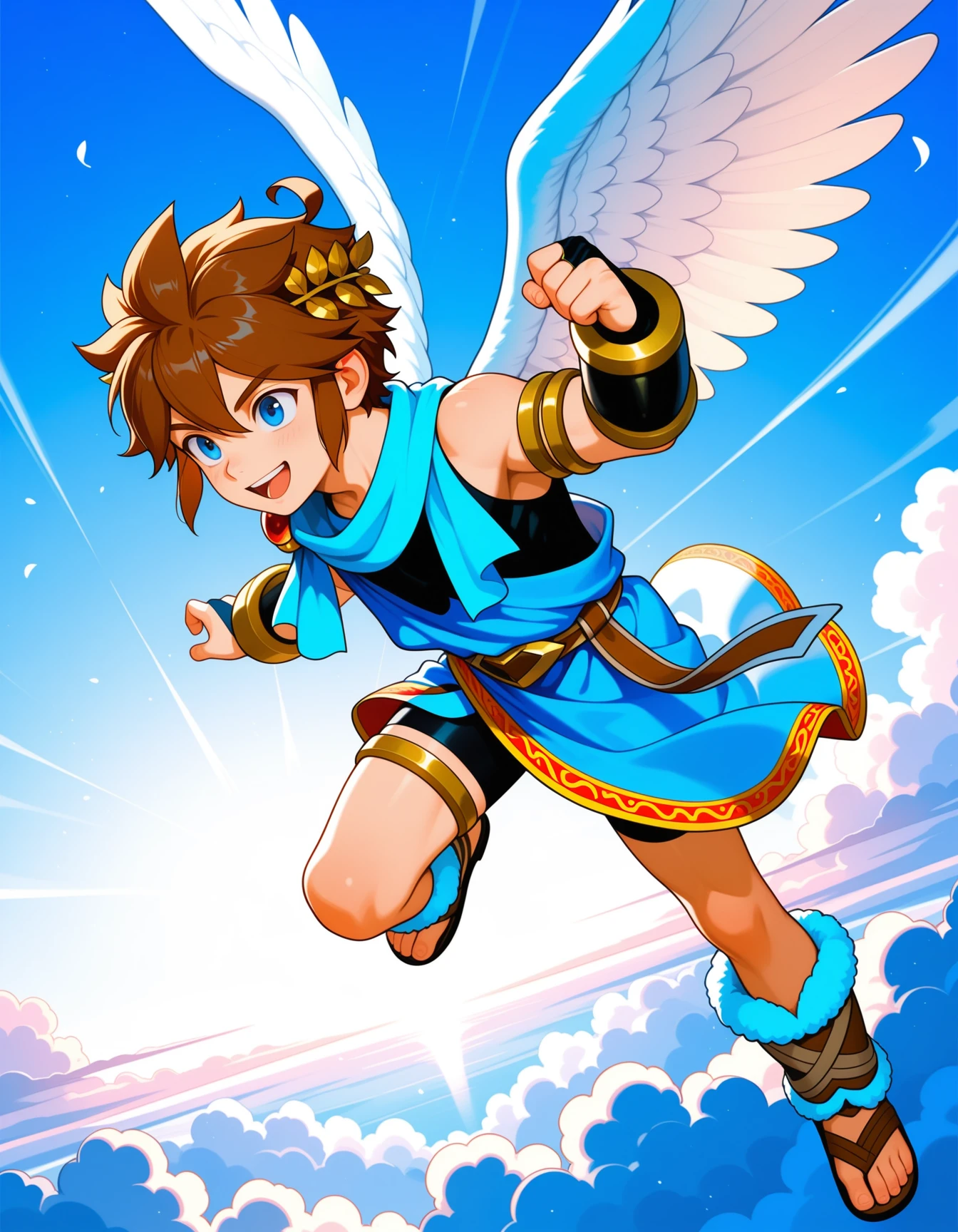 masterpiece,best quality,amazing quality,realistic
BREAK
dynamic angle, dynamic pose,kid_icarus,1 boy,,air, clear sky, clouds, flight,smile,open mouth,angel wings,white wings,brown hair,short hair,sidelocks,ahoge,laurel crown,blue eyes,white scarf,red shoulder brooch,single bare shoulder,ancient greek clothes,white toga,black undershirt,brown belt,brown belt buckle,red trim,bike shorts,bracer,bridal gauntlets,fur-trimmed boots,sandals,toes,single gold thighlet
BREAK
<lora:kid_icarus_ill:1>