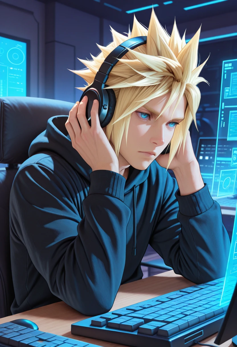 masterpiece, very aesthetic, best quality, absurdres, newest, solo,
<lora:ILFFCloud:1>
FFCloud, 1boy, blonde hair, spiked hair, blue eyes, male focus, headphones, hood down, black hoodie, keyboard (computer), long sleeves, indoors, upper body, closed mouth, hand up, sitting, holographic interface, hand on headphones, casual