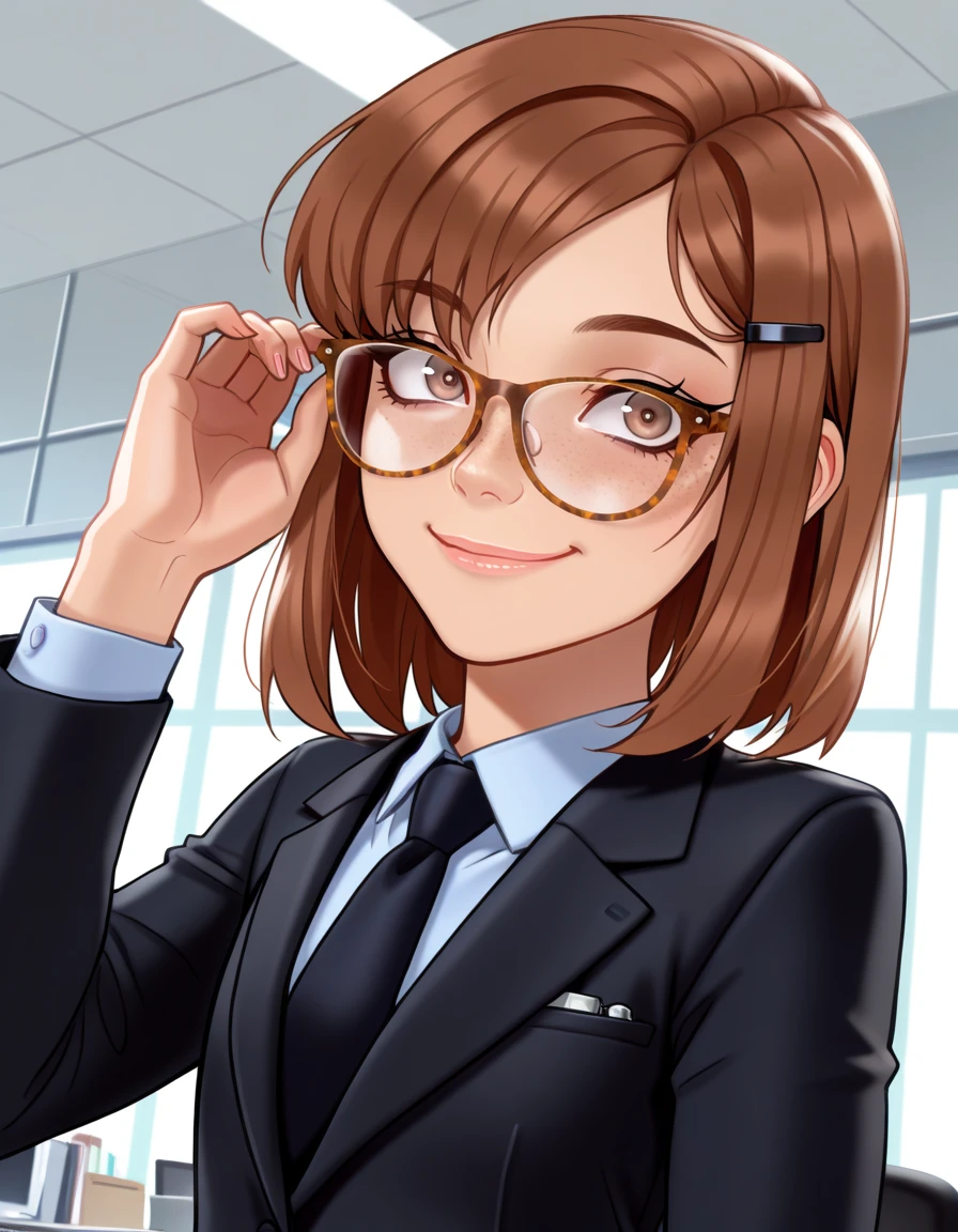 masterpiece, best quality, very aesthetic, absurdres,
indoors, office,
upper body, long eyelashes, smile,
<lora:Megan_v01_NAIXL-000012:1>,
M364n,1girl,brown hair,short hair,hairclip,glasses,brown eyes, freckles, office lady,necktie,suit,