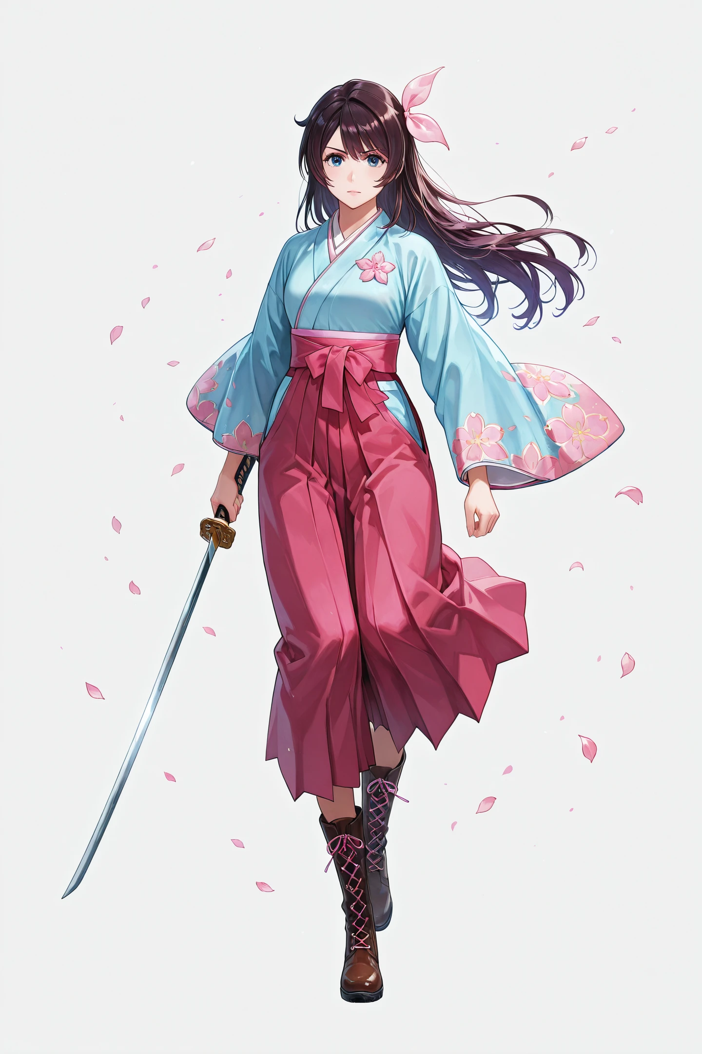 Sakura Amamiya,1girl,weapon,sword,solo,katana,japanese clothes,long hair,boots,hakama,holding weapon,hakama skirt,blue eyes,holding sword,full body,holding,skirt,looking at viewer,kimono,cross-laced footwear,lace-up boots,white background,brown hair,petals,wide sleeves,simple background,ribbon,cherry blossoms,black hair,
<lora:New Sakura Wars_illustriousXL:1>,