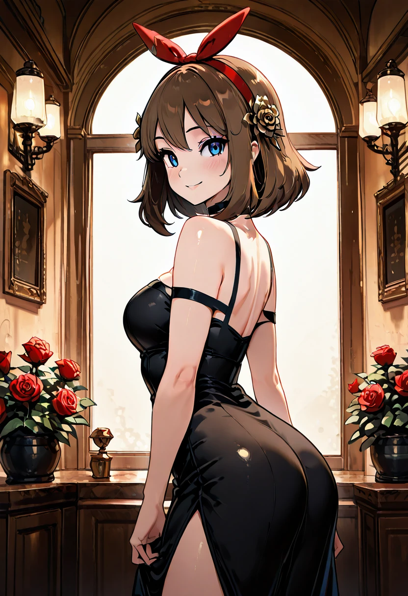 masterpiece, best quality, solo, curvy, beautiful eyes, zzMayYorCitron, blue eyes, brown hair, medium hair, red hairband, hair flower, hair ornament, rose, gold hairband, black dress, bare shoulders, choker, ,<lora:MayYorPokemonCitron_IXL:1.0>,side view, ass, leaning forward, cowboy shot, smile, looking at viewer, shiny skin,