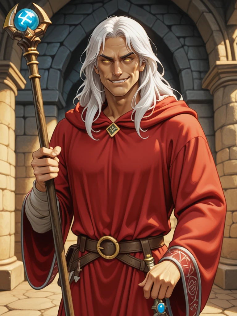 solo,
looking at the viewer, smiling, smirking
standing in a dungeon
<lora:Raistlin_Majere__Dragonlance:0.7>
raistlin,,
rrobe, red robe
long hair, white hair, yellow eyes, ,
masculine, male,,
wizard,, staff,